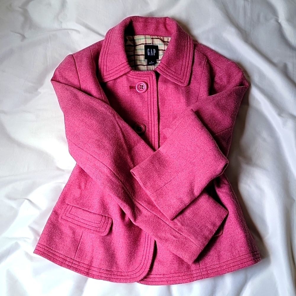 GAP WOOL Pink Plaid Check Lined Jacket Coat Women's Small